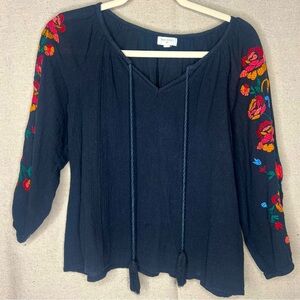 World Market Floral Peasant Blouse with tassels